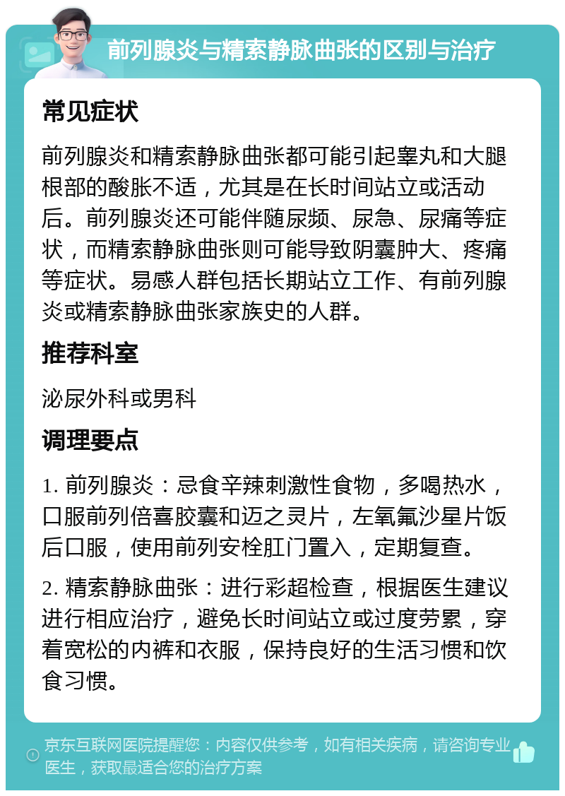 前列腺炎与精索静脉曲张的区别与治疗 常见症状 前列腺炎和精索静脉曲张都可能引起睾丸和大腿根部的酸胀不适，尤其是在长时间站立或活动后。前列腺炎还可能伴随尿频、尿急、尿痛等症状，而精索静脉曲张则可能导致阴囊肿大、疼痛等症状。易感人群包括长期站立工作、有前列腺炎或精索静脉曲张家族史的人群。 推荐科室 泌尿外科或男科 调理要点 1. 前列腺炎：忌食辛辣刺激性食物，多喝热水，口服前列倍喜胶囊和迈之灵片，左氧氟沙星片饭后口服，使用前列安栓肛门置入，定期复查。 2. 精索静脉曲张：进行彩超检查，根据医生建议进行相应治疗，避免长时间站立或过度劳累，穿着宽松的内裤和衣服，保持良好的生活习惯和饮食习惯。