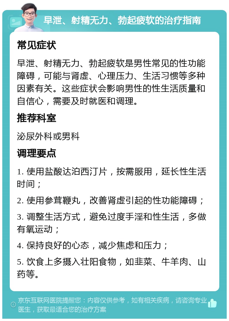 早泄、射精无力、勃起疲软的治疗指南 常见症状 早泄、射精无力、勃起疲软是男性常见的性功能障碍，可能与肾虚、心理压力、生活习惯等多种因素有关。这些症状会影响男性的性生活质量和自信心，需要及时就医和调理。 推荐科室 泌尿外科或男科 调理要点 1. 使用盐酸达泊西汀片，按需服用，延长性生活时间； 2. 使用参茸鞭丸，改善肾虚引起的性功能障碍； 3. 调整生活方式，避免过度手淫和性生活，多做有氧运动； 4. 保持良好的心态，减少焦虑和压力； 5. 饮食上多摄入壮阳食物，如韭菜、牛羊肉、山药等。