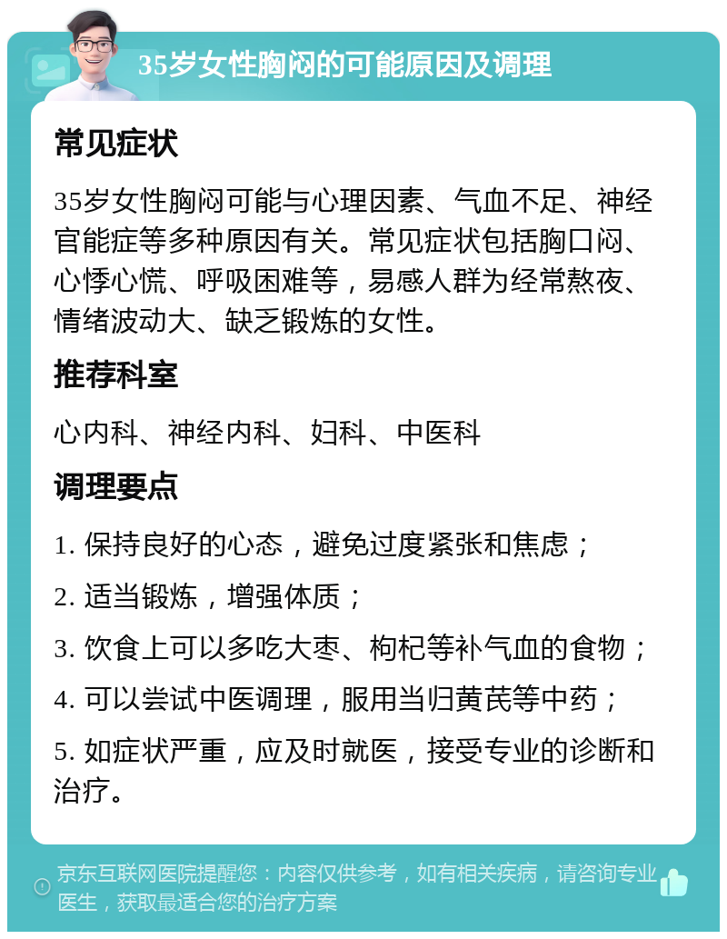 35岁女性胸闷的可能原因及调理 常见症状 35岁女性胸闷可能与心理因素、气血不足、神经官能症等多种原因有关。常见症状包括胸口闷、心悸心慌、呼吸困难等，易感人群为经常熬夜、情绪波动大、缺乏锻炼的女性。 推荐科室 心内科、神经内科、妇科、中医科 调理要点 1. 保持良好的心态，避免过度紧张和焦虑； 2. 适当锻炼，增强体质； 3. 饮食上可以多吃大枣、枸杞等补气血的食物； 4. 可以尝试中医调理，服用当归黄芪等中药； 5. 如症状严重，应及时就医，接受专业的诊断和治疗。