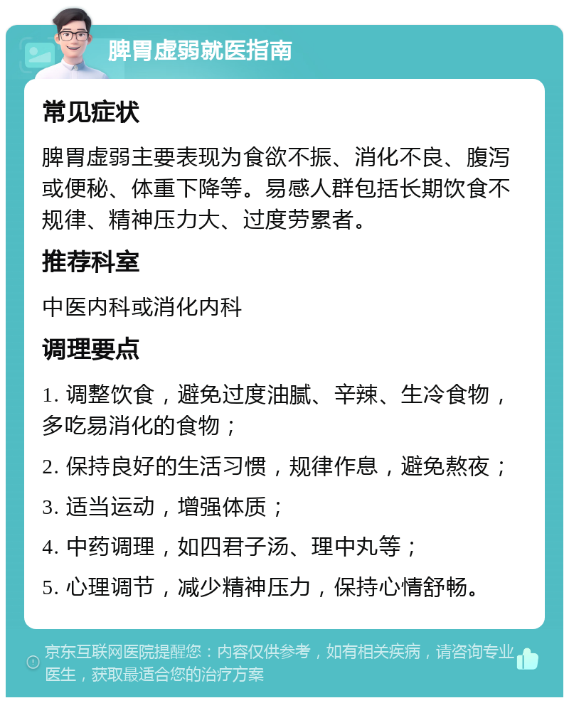 脾胃虚弱就医指南 常见症状 脾胃虚弱主要表现为食欲不振、消化不良、腹泻或便秘、体重下降等。易感人群包括长期饮食不规律、精神压力大、过度劳累者。 推荐科室 中医内科或消化内科 调理要点 1. 调整饮食，避免过度油腻、辛辣、生冷食物，多吃易消化的食物； 2. 保持良好的生活习惯，规律作息，避免熬夜； 3. 适当运动，增强体质； 4. 中药调理，如四君子汤、理中丸等； 5. 心理调节，减少精神压力，保持心情舒畅。