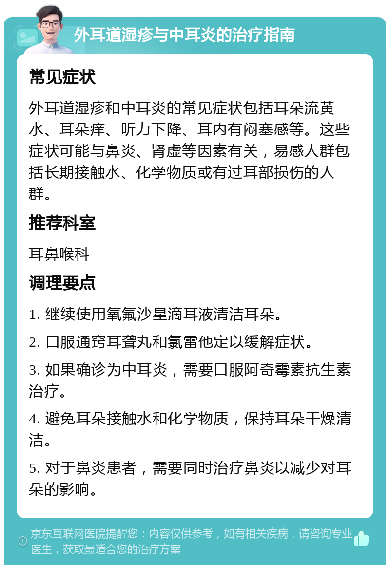 外耳道湿疹与中耳炎的治疗指南 常见症状 外耳道湿疹和中耳炎的常见症状包括耳朵流黄水、耳朵痒、听力下降、耳内有闷塞感等。这些症状可能与鼻炎、肾虚等因素有关，易感人群包括长期接触水、化学物质或有过耳部损伤的人群。 推荐科室 耳鼻喉科 调理要点 1. 继续使用氧氟沙星滴耳液清洁耳朵。 2. 口服通窍耳聋丸和氯雷他定以缓解症状。 3. 如果确诊为中耳炎，需要口服阿奇霉素抗生素治疗。 4. 避免耳朵接触水和化学物质，保持耳朵干燥清洁。 5. 对于鼻炎患者，需要同时治疗鼻炎以减少对耳朵的影响。