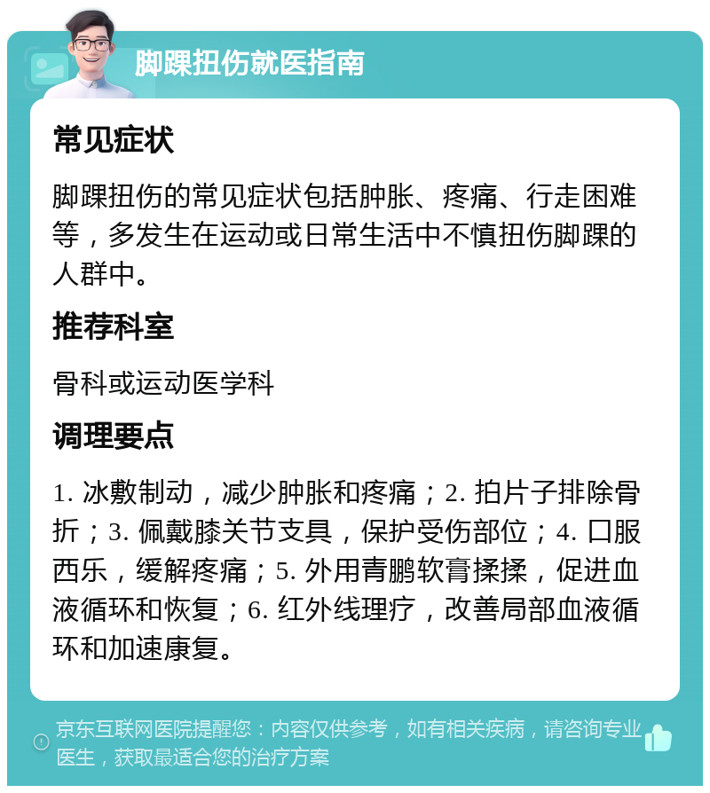 脚踝扭伤就医指南 常见症状 脚踝扭伤的常见症状包括肿胀、疼痛、行走困难等，多发生在运动或日常生活中不慎扭伤脚踝的人群中。 推荐科室 骨科或运动医学科 调理要点 1. 冰敷制动，减少肿胀和疼痛；2. 拍片子排除骨折；3. 佩戴膝关节支具，保护受伤部位；4. 口服西乐，缓解疼痛；5. 外用青鹏软膏揉揉，促进血液循环和恢复；6. 红外线理疗，改善局部血液循环和加速康复。