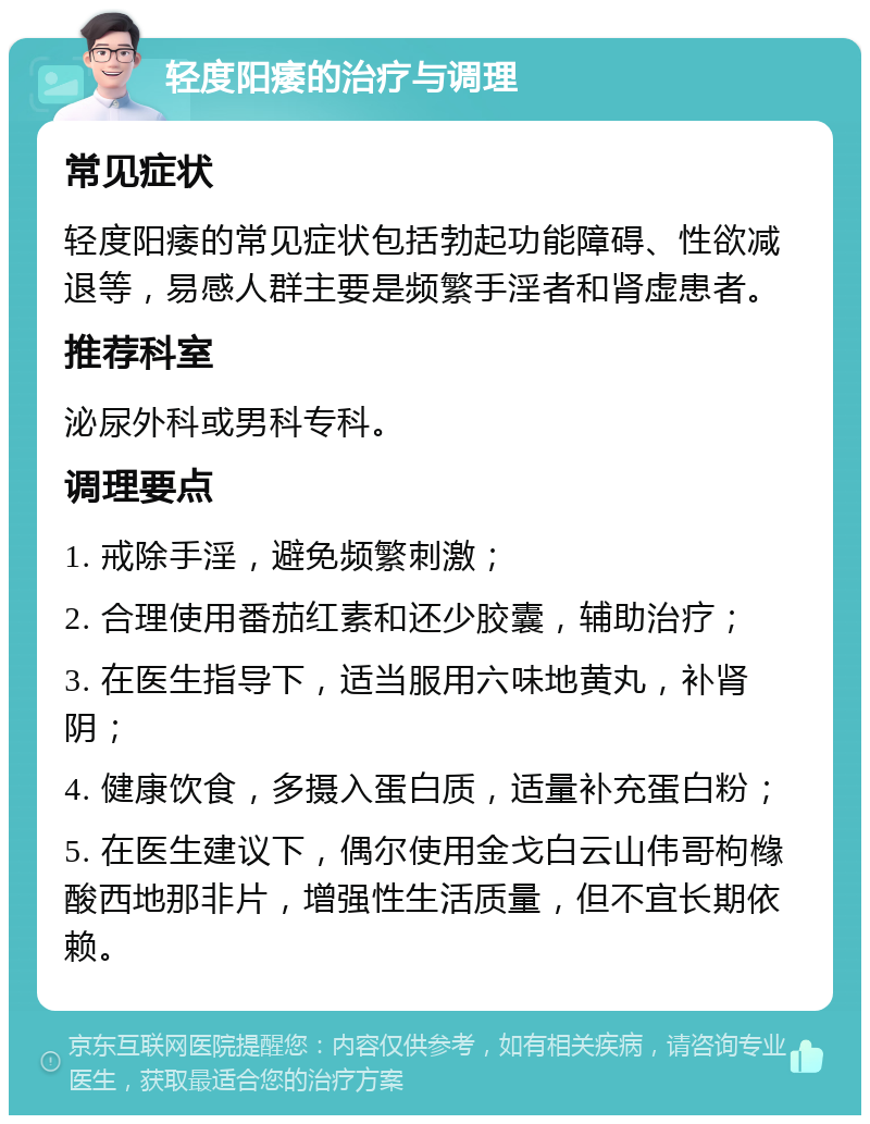 轻度阳痿的治疗与调理 常见症状 轻度阳痿的常见症状包括勃起功能障碍、性欲减退等，易感人群主要是频繁手淫者和肾虚患者。 推荐科室 泌尿外科或男科专科。 调理要点 1. 戒除手淫，避免频繁刺激； 2. 合理使用番茄红素和还少胶囊，辅助治疗； 3. 在医生指导下，适当服用六味地黄丸，补肾阴； 4. 健康饮食，多摄入蛋白质，适量补充蛋白粉； 5. 在医生建议下，偶尔使用金戈白云山伟哥枸橼酸西地那非片，增强性生活质量，但不宜长期依赖。