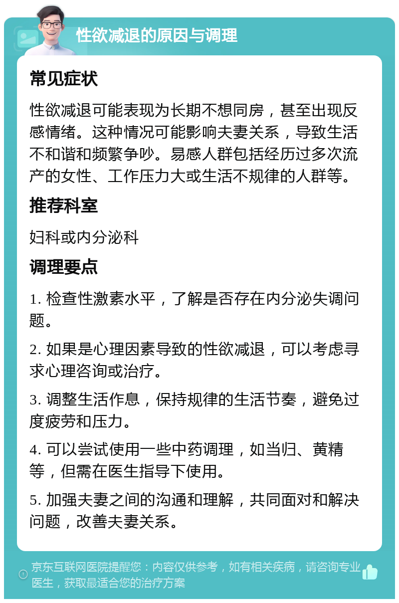 性欲减退的原因与调理 常见症状 性欲减退可能表现为长期不想同房，甚至出现反感情绪。这种情况可能影响夫妻关系，导致生活不和谐和频繁争吵。易感人群包括经历过多次流产的女性、工作压力大或生活不规律的人群等。 推荐科室 妇科或内分泌科 调理要点 1. 检查性激素水平，了解是否存在内分泌失调问题。 2. 如果是心理因素导致的性欲减退，可以考虑寻求心理咨询或治疗。 3. 调整生活作息，保持规律的生活节奏，避免过度疲劳和压力。 4. 可以尝试使用一些中药调理，如当归、黄精等，但需在医生指导下使用。 5. 加强夫妻之间的沟通和理解，共同面对和解决问题，改善夫妻关系。