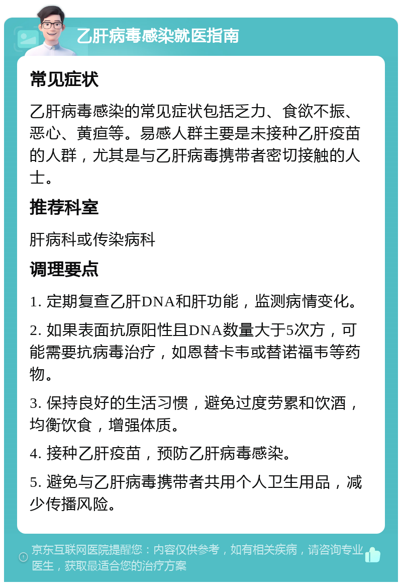 乙肝病毒感染就医指南 常见症状 乙肝病毒感染的常见症状包括乏力、食欲不振、恶心、黄疸等。易感人群主要是未接种乙肝疫苗的人群，尤其是与乙肝病毒携带者密切接触的人士。 推荐科室 肝病科或传染病科 调理要点 1. 定期复查乙肝DNA和肝功能，监测病情变化。 2. 如果表面抗原阳性且DNA数量大于5次方，可能需要抗病毒治疗，如恩替卡韦或替诺福韦等药物。 3. 保持良好的生活习惯，避免过度劳累和饮酒，均衡饮食，增强体质。 4. 接种乙肝疫苗，预防乙肝病毒感染。 5. 避免与乙肝病毒携带者共用个人卫生用品，减少传播风险。