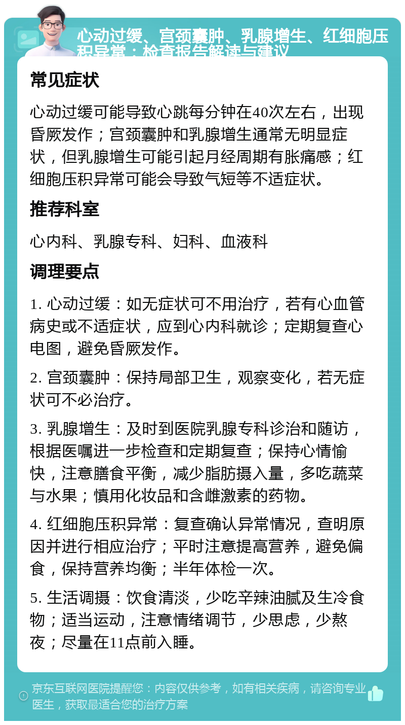 心动过缓、宫颈囊肿、乳腺增生、红细胞压积异常：检查报告解读与建议 常见症状 心动过缓可能导致心跳每分钟在40次左右，出现昏厥发作；宫颈囊肿和乳腺增生通常无明显症状，但乳腺增生可能引起月经周期有胀痛感；红细胞压积异常可能会导致气短等不适症状。 推荐科室 心内科、乳腺专科、妇科、血液科 调理要点 1. 心动过缓：如无症状可不用治疗，若有心血管病史或不适症状，应到心内科就诊；定期复查心电图，避免昏厥发作。 2. 宫颈囊肿：保持局部卫生，观察变化，若无症状可不必治疗。 3. 乳腺增生：及时到医院乳腺专科诊治和随访，根据医嘱进一步检查和定期复查；保持心情愉快，注意膳食平衡，减少脂肪摄入量，多吃蔬菜与水果；慎用化妆品和含雌激素的药物。 4. 红细胞压积异常：复查确认异常情况，查明原因并进行相应治疗；平时注意提高营养，避免偏食，保持营养均衡；半年体检一次。 5. 生活调摄：饮食清淡，少吃辛辣油腻及生冷食物；适当运动，注意情绪调节，少思虑，少熬夜；尽量在11点前入睡。