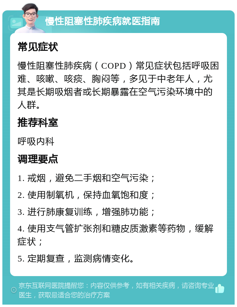 慢性阻塞性肺疾病就医指南 常见症状 慢性阻塞性肺疾病（COPD）常见症状包括呼吸困难、咳嗽、咳痰、胸闷等，多见于中老年人，尤其是长期吸烟者或长期暴露在空气污染环境中的人群。 推荐科室 呼吸内科 调理要点 1. 戒烟，避免二手烟和空气污染； 2. 使用制氧机，保持血氧饱和度； 3. 进行肺康复训练，增强肺功能； 4. 使用支气管扩张剂和糖皮质激素等药物，缓解症状； 5. 定期复查，监测病情变化。