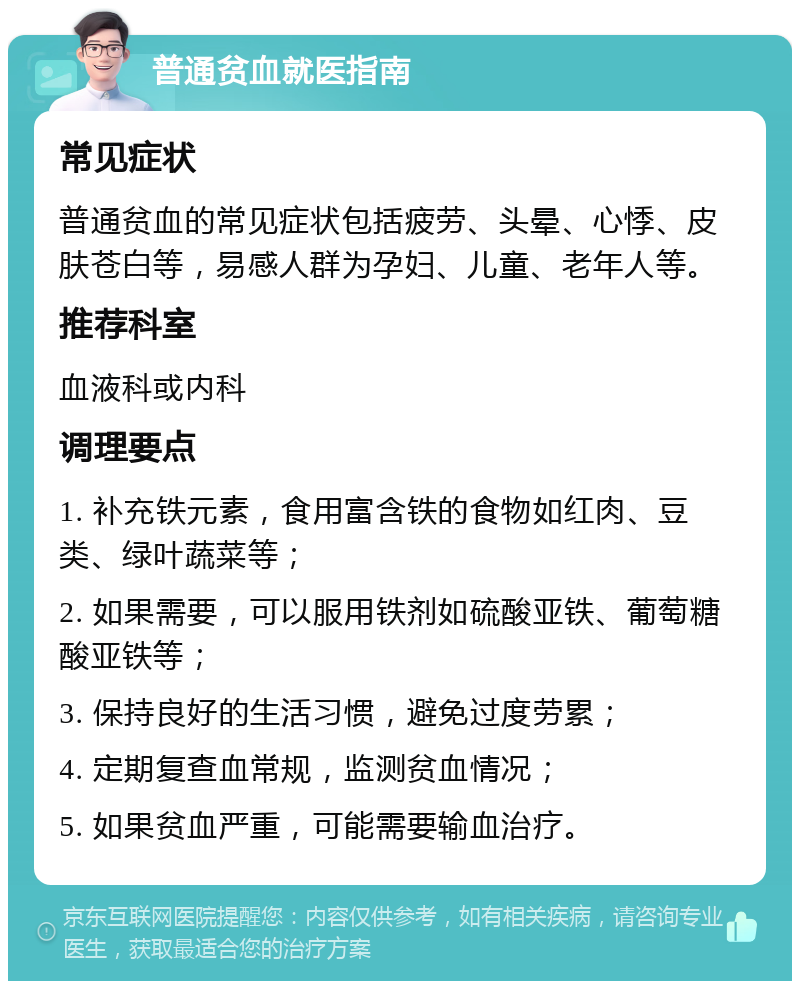 普通贫血就医指南 常见症状 普通贫血的常见症状包括疲劳、头晕、心悸、皮肤苍白等，易感人群为孕妇、儿童、老年人等。 推荐科室 血液科或内科 调理要点 1. 补充铁元素，食用富含铁的食物如红肉、豆类、绿叶蔬菜等； 2. 如果需要，可以服用铁剂如硫酸亚铁、葡萄糖酸亚铁等； 3. 保持良好的生活习惯，避免过度劳累； 4. 定期复查血常规，监测贫血情况； 5. 如果贫血严重，可能需要输血治疗。