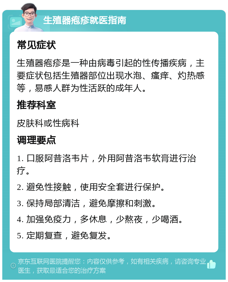 生殖器疱疹就医指南 常见症状 生殖器疱疹是一种由病毒引起的性传播疾病，主要症状包括生殖器部位出现水泡、瘙痒、灼热感等，易感人群为性活跃的成年人。 推荐科室 皮肤科或性病科 调理要点 1. 口服阿昔洛韦片，外用阿昔洛韦软膏进行治疗。 2. 避免性接触，使用安全套进行保护。 3. 保持局部清洁，避免摩擦和刺激。 4. 加强免疫力，多休息，少熬夜，少喝酒。 5. 定期复查，避免复发。