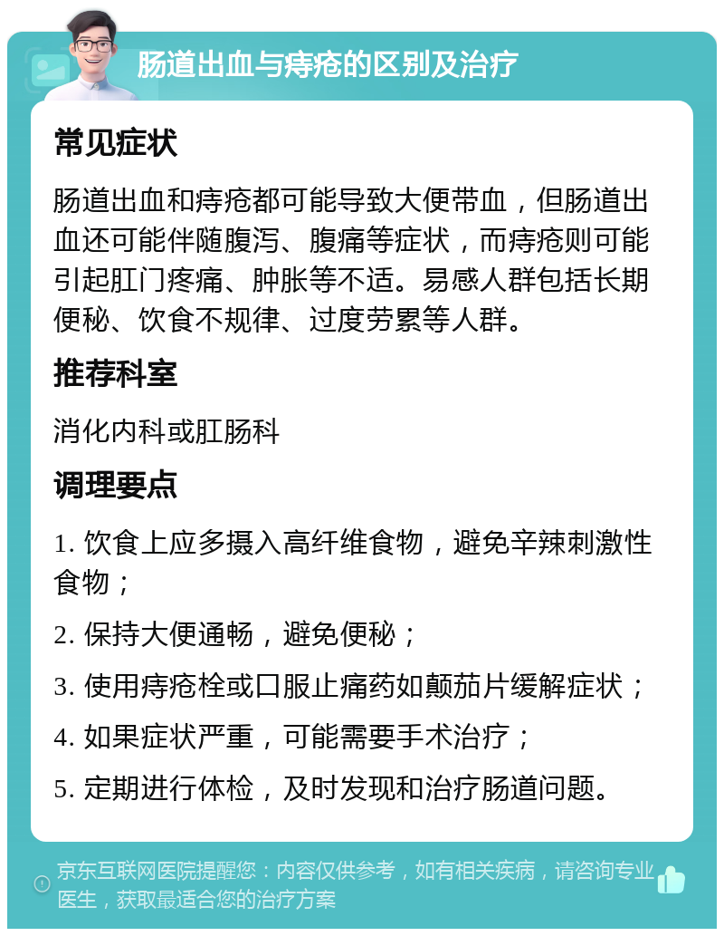 肠道出血与痔疮的区别及治疗 常见症状 肠道出血和痔疮都可能导致大便带血，但肠道出血还可能伴随腹泻、腹痛等症状，而痔疮则可能引起肛门疼痛、肿胀等不适。易感人群包括长期便秘、饮食不规律、过度劳累等人群。 推荐科室 消化内科或肛肠科 调理要点 1. 饮食上应多摄入高纤维食物，避免辛辣刺激性食物； 2. 保持大便通畅，避免便秘； 3. 使用痔疮栓或口服止痛药如颠茄片缓解症状； 4. 如果症状严重，可能需要手术治疗； 5. 定期进行体检，及时发现和治疗肠道问题。