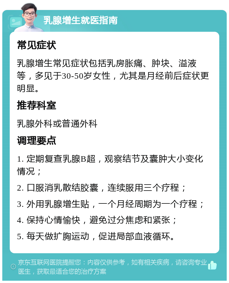 乳腺增生就医指南 常见症状 乳腺增生常见症状包括乳房胀痛、肿块、溢液等，多见于30-50岁女性，尤其是月经前后症状更明显。 推荐科室 乳腺外科或普通外科 调理要点 1. 定期复查乳腺B超，观察结节及囊肿大小变化情况； 2. 口服消乳散结胶囊，连续服用三个疗程； 3. 外用乳腺增生贴，一个月经周期为一个疗程； 4. 保持心情愉快，避免过分焦虑和紧张； 5. 每天做扩胸运动，促进局部血液循环。