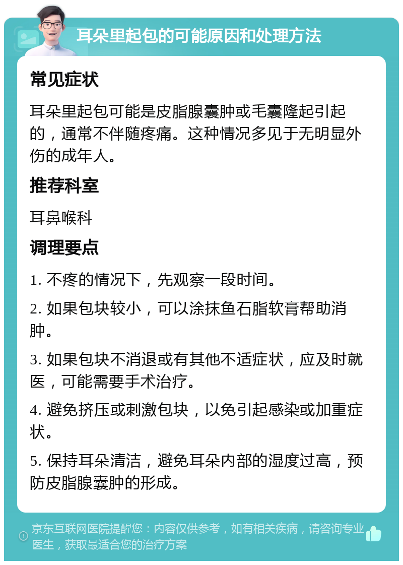 耳朵里起包的可能原因和处理方法 常见症状 耳朵里起包可能是皮脂腺囊肿或毛囊隆起引起的，通常不伴随疼痛。这种情况多见于无明显外伤的成年人。 推荐科室 耳鼻喉科 调理要点 1. 不疼的情况下，先观察一段时间。 2. 如果包块较小，可以涂抹鱼石脂软膏帮助消肿。 3. 如果包块不消退或有其他不适症状，应及时就医，可能需要手术治疗。 4. 避免挤压或刺激包块，以免引起感染或加重症状。 5. 保持耳朵清洁，避免耳朵内部的湿度过高，预防皮脂腺囊肿的形成。