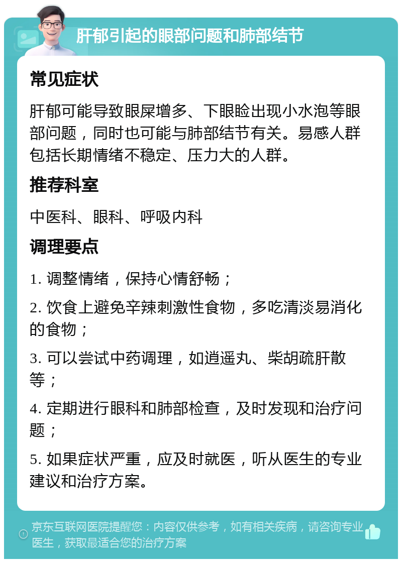 肝郁引起的眼部问题和肺部结节 常见症状 肝郁可能导致眼屎增多、下眼睑出现小水泡等眼部问题，同时也可能与肺部结节有关。易感人群包括长期情绪不稳定、压力大的人群。 推荐科室 中医科、眼科、呼吸内科 调理要点 1. 调整情绪，保持心情舒畅； 2. 饮食上避免辛辣刺激性食物，多吃清淡易消化的食物； 3. 可以尝试中药调理，如逍遥丸、柴胡疏肝散等； 4. 定期进行眼科和肺部检查，及时发现和治疗问题； 5. 如果症状严重，应及时就医，听从医生的专业建议和治疗方案。