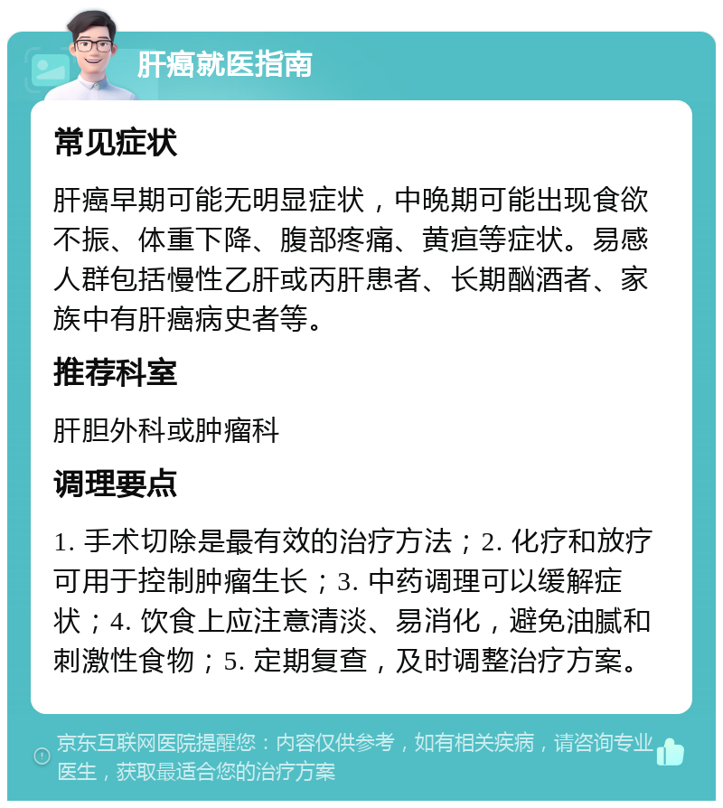 肝癌就医指南 常见症状 肝癌早期可能无明显症状，中晚期可能出现食欲不振、体重下降、腹部疼痛、黄疸等症状。易感人群包括慢性乙肝或丙肝患者、长期酗酒者、家族中有肝癌病史者等。 推荐科室 肝胆外科或肿瘤科 调理要点 1. 手术切除是最有效的治疗方法；2. 化疗和放疗可用于控制肿瘤生长；3. 中药调理可以缓解症状；4. 饮食上应注意清淡、易消化，避免油腻和刺激性食物；5. 定期复查，及时调整治疗方案。