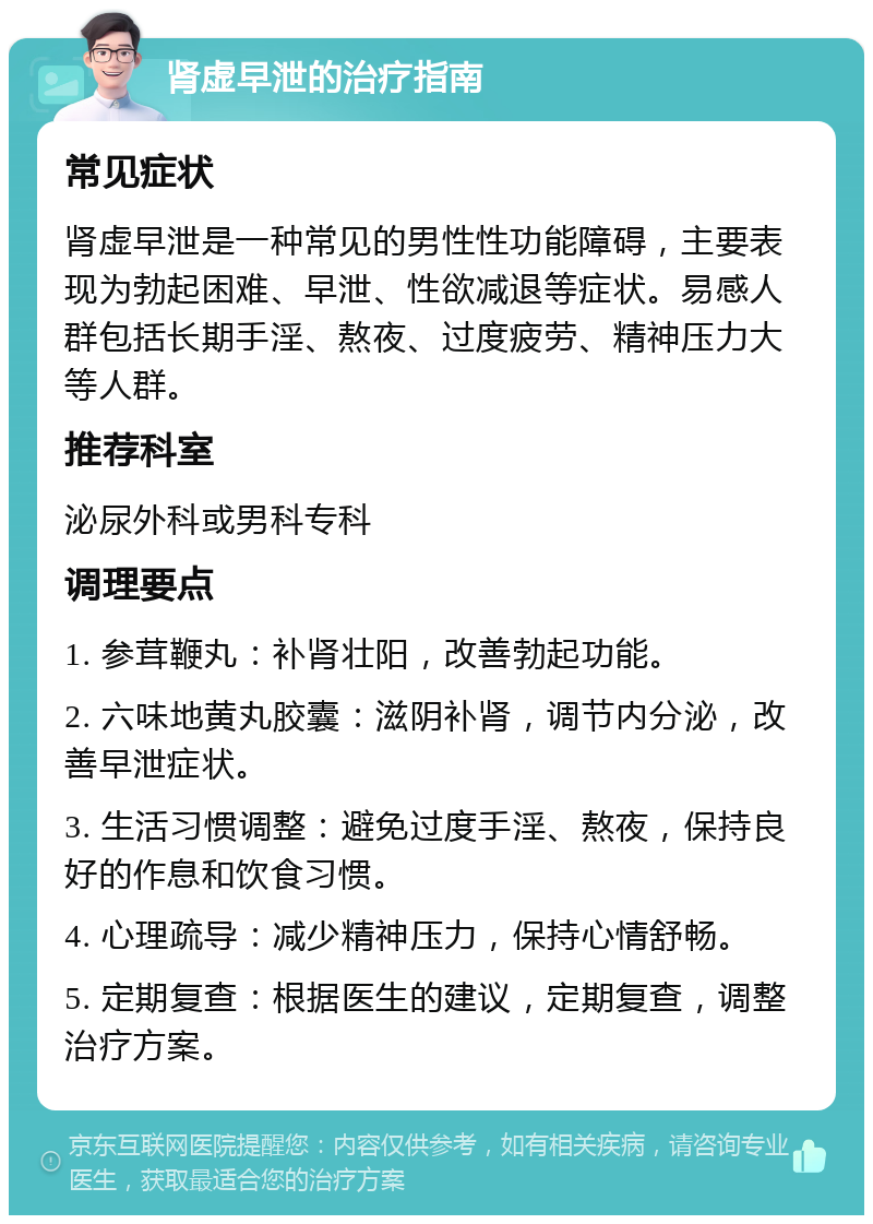 肾虚早泄的治疗指南 常见症状 肾虚早泄是一种常见的男性性功能障碍，主要表现为勃起困难、早泄、性欲减退等症状。易感人群包括长期手淫、熬夜、过度疲劳、精神压力大等人群。 推荐科室 泌尿外科或男科专科 调理要点 1. 参茸鞭丸：补肾壮阳，改善勃起功能。 2. 六味地黄丸胶囊：滋阴补肾，调节内分泌，改善早泄症状。 3. 生活习惯调整：避免过度手淫、熬夜，保持良好的作息和饮食习惯。 4. 心理疏导：减少精神压力，保持心情舒畅。 5. 定期复查：根据医生的建议，定期复查，调整治疗方案。