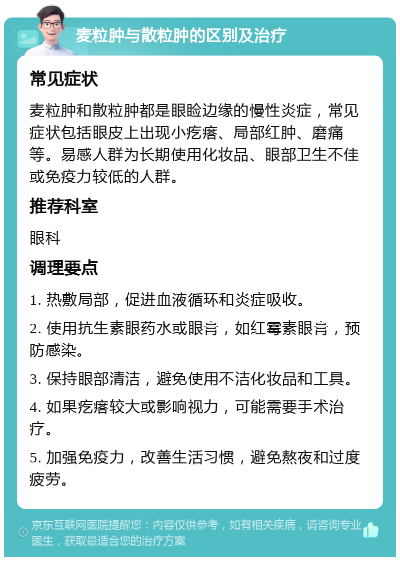 麦粒肿与散粒肿的区别及治疗 常见症状 麦粒肿和散粒肿都是眼睑边缘的慢性炎症，常见症状包括眼皮上出现小疙瘩、局部红肿、磨痛等。易感人群为长期使用化妆品、眼部卫生不佳或免疫力较低的人群。 推荐科室 眼科 调理要点 1. 热敷局部，促进血液循环和炎症吸收。 2. 使用抗生素眼药水或眼膏，如红霉素眼膏，预防感染。 3. 保持眼部清洁，避免使用不洁化妆品和工具。 4. 如果疙瘩较大或影响视力，可能需要手术治疗。 5. 加强免疫力，改善生活习惯，避免熬夜和过度疲劳。