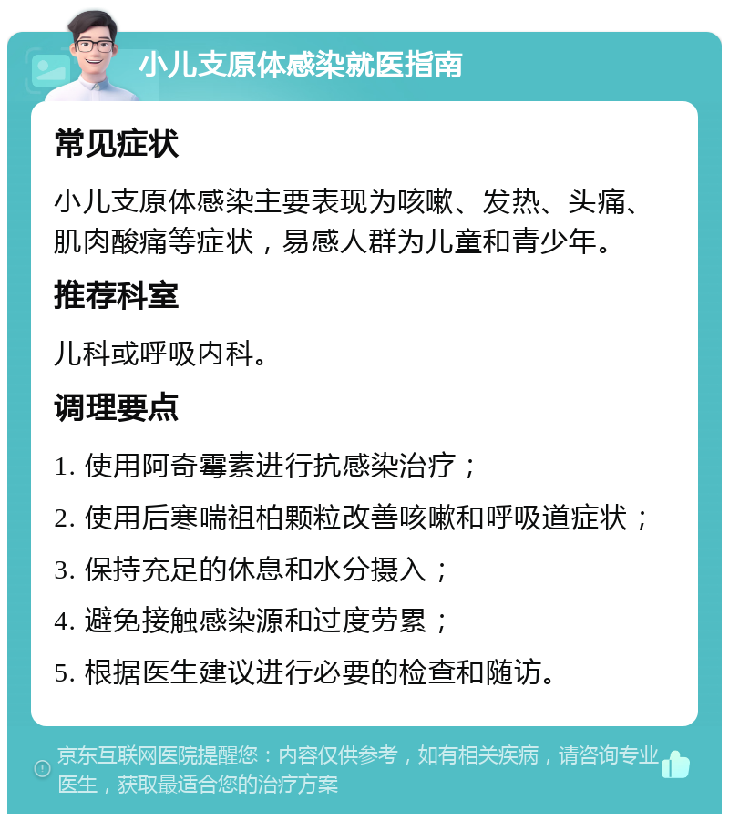 小儿支原体感染就医指南 常见症状 小儿支原体感染主要表现为咳嗽、发热、头痛、肌肉酸痛等症状，易感人群为儿童和青少年。 推荐科室 儿科或呼吸内科。 调理要点 1. 使用阿奇霉素进行抗感染治疗； 2. 使用后寒喘祖柏颗粒改善咳嗽和呼吸道症状； 3. 保持充足的休息和水分摄入； 4. 避免接触感染源和过度劳累； 5. 根据医生建议进行必要的检查和随访。