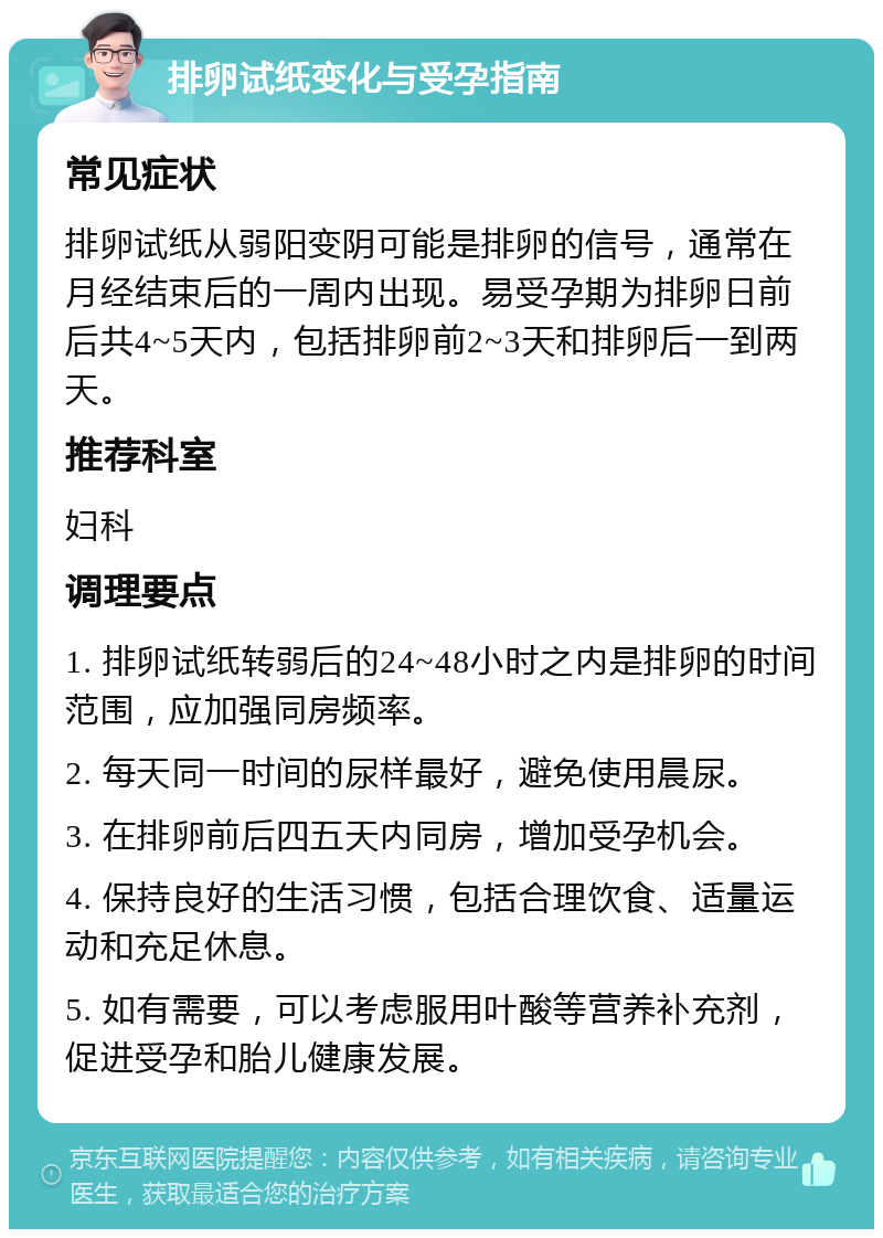 排卵试纸变化与受孕指南 常见症状 排卵试纸从弱阳变阴可能是排卵的信号，通常在月经结束后的一周内出现。易受孕期为排卵日前后共4~5天内，包括排卵前2~3天和排卵后一到两天。 推荐科室 妇科 调理要点 1. 排卵试纸转弱后的24~48小时之内是排卵的时间范围，应加强同房频率。 2. 每天同一时间的尿样最好，避免使用晨尿。 3. 在排卵前后四五天内同房，增加受孕机会。 4. 保持良好的生活习惯，包括合理饮食、适量运动和充足休息。 5. 如有需要，可以考虑服用叶酸等营养补充剂，促进受孕和胎儿健康发展。