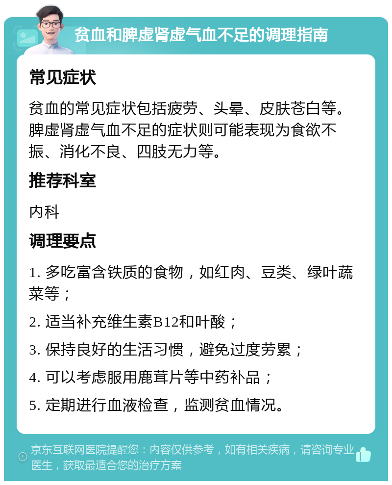 贫血和脾虚肾虚气血不足的调理指南 常见症状 贫血的常见症状包括疲劳、头晕、皮肤苍白等。脾虚肾虚气血不足的症状则可能表现为食欲不振、消化不良、四肢无力等。 推荐科室 内科 调理要点 1. 多吃富含铁质的食物，如红肉、豆类、绿叶蔬菜等； 2. 适当补充维生素B12和叶酸； 3. 保持良好的生活习惯，避免过度劳累； 4. 可以考虑服用鹿茸片等中药补品； 5. 定期进行血液检查，监测贫血情况。