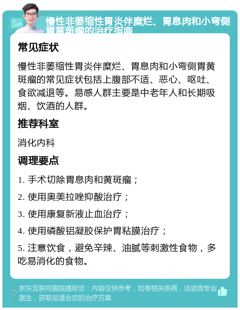 慢性非萎缩性胃炎伴糜烂、胃息肉和小弯侧胃黄斑瘤的治疗指南 常见症状 慢性非萎缩性胃炎伴糜烂、胃息肉和小弯侧胃黄斑瘤的常见症状包括上腹部不适、恶心、呕吐、食欲减退等。易感人群主要是中老年人和长期吸烟、饮酒的人群。 推荐科室 消化内科 调理要点 1. 手术切除胃息肉和黄斑瘤； 2. 使用奥美拉唑抑酸治疗； 3. 使用康复新液止血治疗； 4. 使用磷酸铝凝胶保护胃粘膜治疗； 5. 注意饮食，避免辛辣、油腻等刺激性食物，多吃易消化的食物。