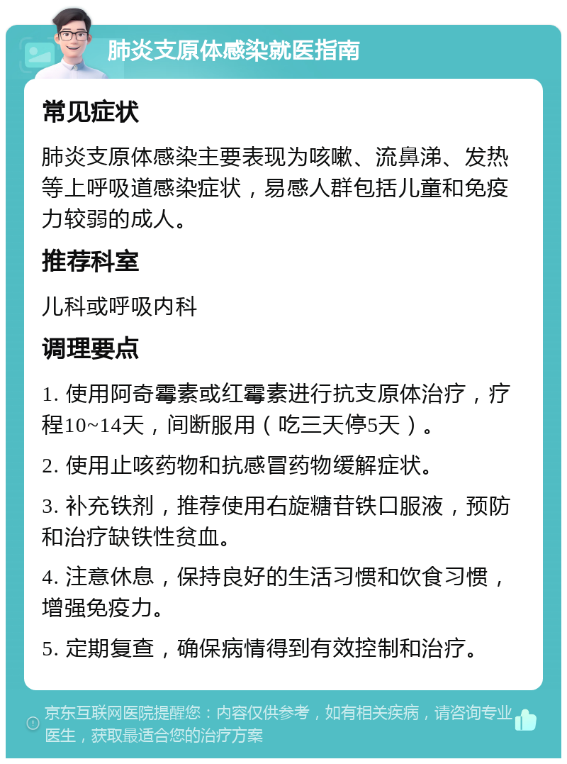 肺炎支原体感染就医指南 常见症状 肺炎支原体感染主要表现为咳嗽、流鼻涕、发热等上呼吸道感染症状，易感人群包括儿童和免疫力较弱的成人。 推荐科室 儿科或呼吸内科 调理要点 1. 使用阿奇霉素或红霉素进行抗支原体治疗，疗程10~14天，间断服用（吃三天停5天）。 2. 使用止咳药物和抗感冒药物缓解症状。 3. 补充铁剂，推荐使用右旋糖苷铁口服液，预防和治疗缺铁性贫血。 4. 注意休息，保持良好的生活习惯和饮食习惯，增强免疫力。 5. 定期复查，确保病情得到有效控制和治疗。