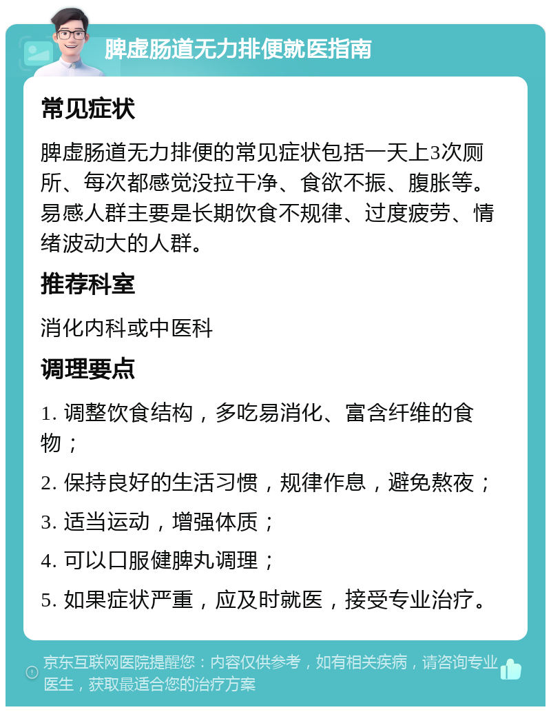 脾虚肠道无力排便就医指南 常见症状 脾虚肠道无力排便的常见症状包括一天上3次厕所、每次都感觉没拉干净、食欲不振、腹胀等。易感人群主要是长期饮食不规律、过度疲劳、情绪波动大的人群。 推荐科室 消化内科或中医科 调理要点 1. 调整饮食结构，多吃易消化、富含纤维的食物； 2. 保持良好的生活习惯，规律作息，避免熬夜； 3. 适当运动，增强体质； 4. 可以口服健脾丸调理； 5. 如果症状严重，应及时就医，接受专业治疗。