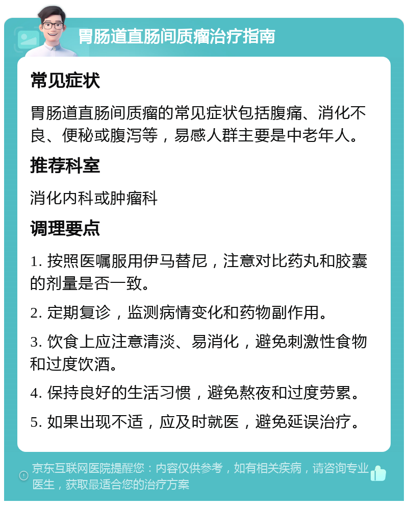 胃肠道直肠间质瘤治疗指南 常见症状 胃肠道直肠间质瘤的常见症状包括腹痛、消化不良、便秘或腹泻等，易感人群主要是中老年人。 推荐科室 消化内科或肿瘤科 调理要点 1. 按照医嘱服用伊马替尼，注意对比药丸和胶囊的剂量是否一致。 2. 定期复诊，监测病情变化和药物副作用。 3. 饮食上应注意清淡、易消化，避免刺激性食物和过度饮酒。 4. 保持良好的生活习惯，避免熬夜和过度劳累。 5. 如果出现不适，应及时就医，避免延误治疗。