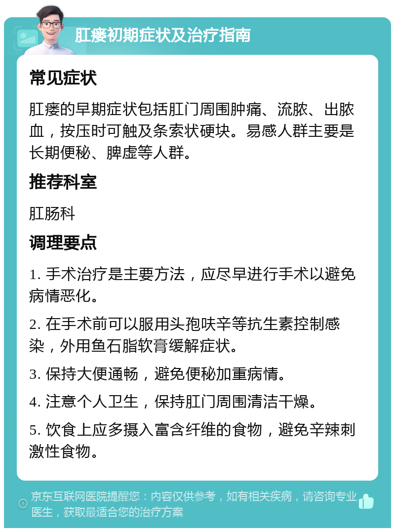 肛瘘初期症状及治疗指南 常见症状 肛瘘的早期症状包括肛门周围肿痛、流脓、出脓血，按压时可触及条索状硬块。易感人群主要是长期便秘、脾虚等人群。 推荐科室 肛肠科 调理要点 1. 手术治疗是主要方法，应尽早进行手术以避免病情恶化。 2. 在手术前可以服用头孢呋辛等抗生素控制感染，外用鱼石脂软膏缓解症状。 3. 保持大便通畅，避免便秘加重病情。 4. 注意个人卫生，保持肛门周围清洁干燥。 5. 饮食上应多摄入富含纤维的食物，避免辛辣刺激性食物。