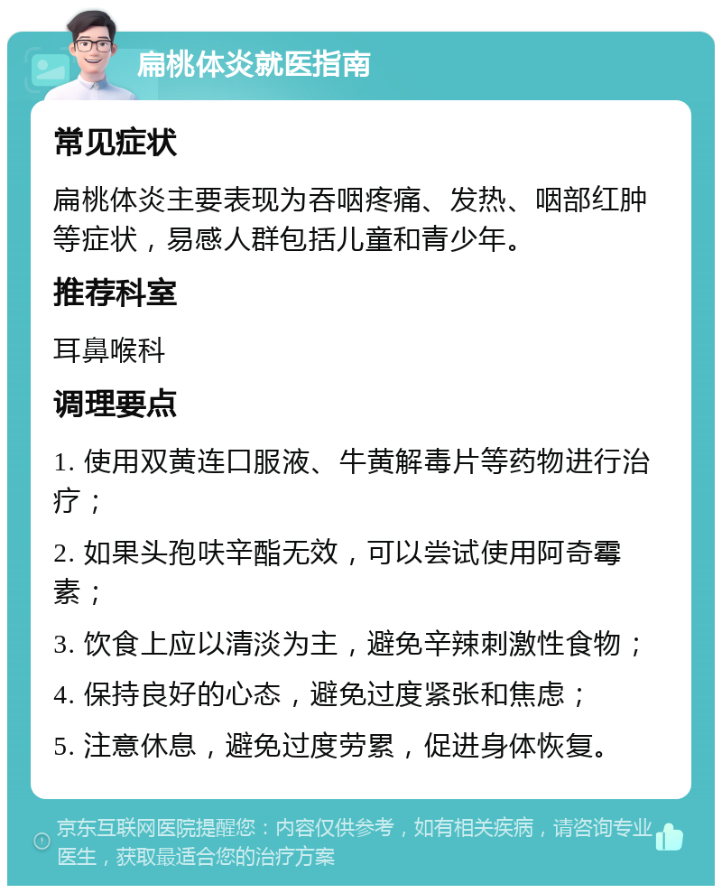 扁桃体炎就医指南 常见症状 扁桃体炎主要表现为吞咽疼痛、发热、咽部红肿等症状，易感人群包括儿童和青少年。 推荐科室 耳鼻喉科 调理要点 1. 使用双黄连口服液、牛黄解毒片等药物进行治疗； 2. 如果头孢呋辛酯无效，可以尝试使用阿奇霉素； 3. 饮食上应以清淡为主，避免辛辣刺激性食物； 4. 保持良好的心态，避免过度紧张和焦虑； 5. 注意休息，避免过度劳累，促进身体恢复。