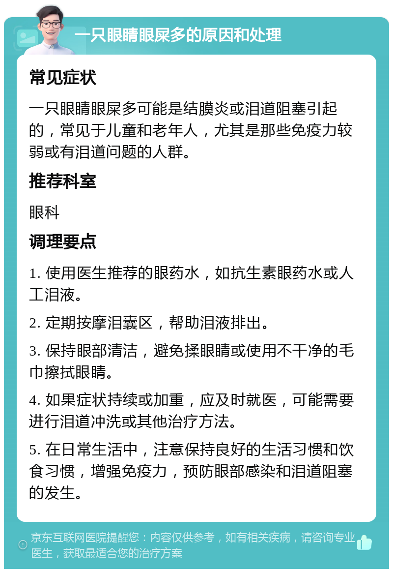 一只眼睛眼屎多的原因和处理 常见症状 一只眼睛眼屎多可能是结膜炎或泪道阻塞引起的，常见于儿童和老年人，尤其是那些免疫力较弱或有泪道问题的人群。 推荐科室 眼科 调理要点 1. 使用医生推荐的眼药水，如抗生素眼药水或人工泪液。 2. 定期按摩泪囊区，帮助泪液排出。 3. 保持眼部清洁，避免揉眼睛或使用不干净的毛巾擦拭眼睛。 4. 如果症状持续或加重，应及时就医，可能需要进行泪道冲洗或其他治疗方法。 5. 在日常生活中，注意保持良好的生活习惯和饮食习惯，增强免疫力，预防眼部感染和泪道阻塞的发生。