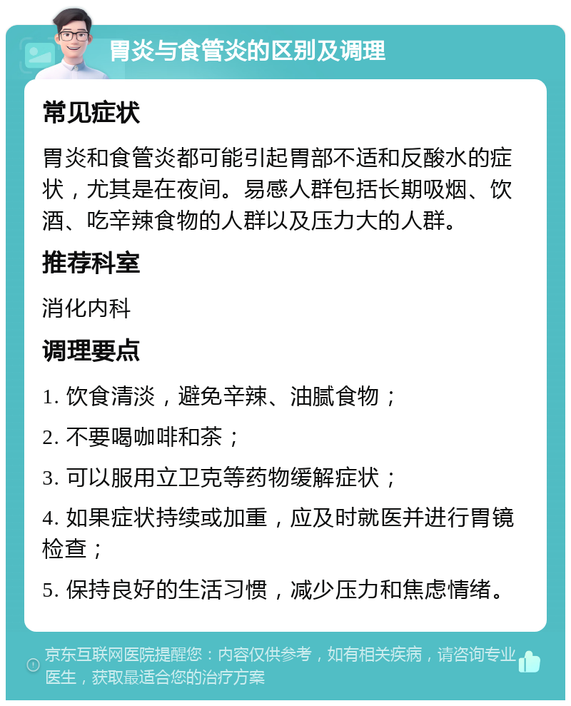 胃炎与食管炎的区别及调理 常见症状 胃炎和食管炎都可能引起胃部不适和反酸水的症状，尤其是在夜间。易感人群包括长期吸烟、饮酒、吃辛辣食物的人群以及压力大的人群。 推荐科室 消化内科 调理要点 1. 饮食清淡，避免辛辣、油腻食物； 2. 不要喝咖啡和茶； 3. 可以服用立卫克等药物缓解症状； 4. 如果症状持续或加重，应及时就医并进行胃镜检查； 5. 保持良好的生活习惯，减少压力和焦虑情绪。