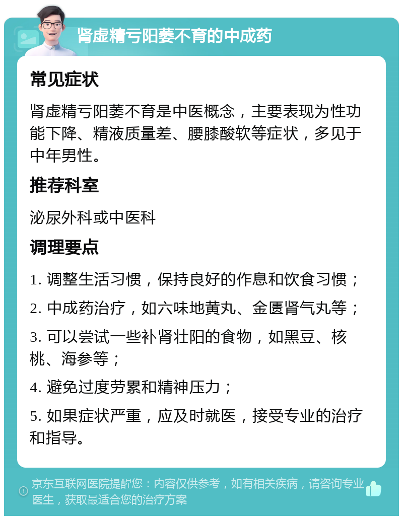 肾虚精亏阳萎不育的中成药 常见症状 肾虚精亏阳萎不育是中医概念，主要表现为性功能下降、精液质量差、腰膝酸软等症状，多见于中年男性。 推荐科室 泌尿外科或中医科 调理要点 1. 调整生活习惯，保持良好的作息和饮食习惯； 2. 中成药治疗，如六味地黄丸、金匮肾气丸等； 3. 可以尝试一些补肾壮阳的食物，如黑豆、核桃、海参等； 4. 避免过度劳累和精神压力； 5. 如果症状严重，应及时就医，接受专业的治疗和指导。