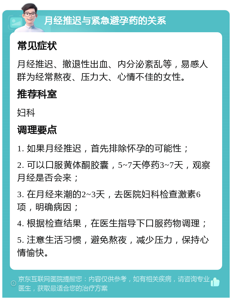 月经推迟与紧急避孕药的关系 常见症状 月经推迟、撤退性出血、内分泌紊乱等，易感人群为经常熬夜、压力大、心情不佳的女性。 推荐科室 妇科 调理要点 1. 如果月经推迟，首先排除怀孕的可能性； 2. 可以口服黄体酮胶囊，5~7天停药3~7天，观察月经是否会来； 3. 在月经来潮的2~3天，去医院妇科检查激素6项，明确病因； 4. 根据检查结果，在医生指导下口服药物调理； 5. 注意生活习惯，避免熬夜，减少压力，保持心情愉快。