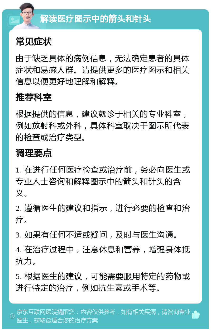 解读医疗图示中的箭头和针头 常见症状 由于缺乏具体的病例信息，无法确定患者的具体症状和易感人群。请提供更多的医疗图示和相关信息以便更好地理解和解释。 推荐科室 根据提供的信息，建议就诊于相关的专业科室，例如放射科或外科，具体科室取决于图示所代表的检查或治疗类型。 调理要点 1. 在进行任何医疗检查或治疗前，务必向医生或专业人士咨询和解释图示中的箭头和针头的含义。 2. 遵循医生的建议和指示，进行必要的检查和治疗。 3. 如果有任何不适或疑问，及时与医生沟通。 4. 在治疗过程中，注意休息和营养，增强身体抵抗力。 5. 根据医生的建议，可能需要服用特定的药物或进行特定的治疗，例如抗生素或手术等。