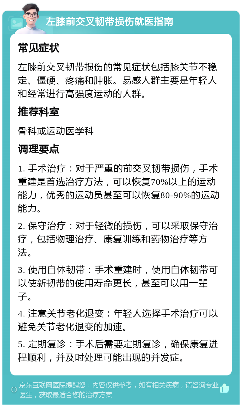 左膝前交叉韧带损伤就医指南 常见症状 左膝前交叉韧带损伤的常见症状包括膝关节不稳定、僵硬、疼痛和肿胀。易感人群主要是年轻人和经常进行高强度运动的人群。 推荐科室 骨科或运动医学科 调理要点 1. 手术治疗：对于严重的前交叉韧带损伤，手术重建是首选治疗方法，可以恢复70%以上的运动能力，优秀的运动员甚至可以恢复80-90%的运动能力。 2. 保守治疗：对于轻微的损伤，可以采取保守治疗，包括物理治疗、康复训练和药物治疗等方法。 3. 使用自体韧带：手术重建时，使用自体韧带可以使新韧带的使用寿命更长，甚至可以用一辈子。 4. 注意关节老化退变：年轻人选择手术治疗可以避免关节老化退变的加速。 5. 定期复诊：手术后需要定期复诊，确保康复进程顺利，并及时处理可能出现的并发症。