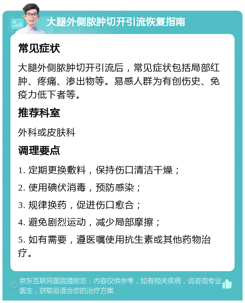 大腿外侧脓肿切开引流恢复指南 常见症状 大腿外侧脓肿切开引流后，常见症状包括局部红肿、疼痛、渗出物等。易感人群为有创伤史、免疫力低下者等。 推荐科室 外科或皮肤科 调理要点 1. 定期更换敷料，保持伤口清洁干燥； 2. 使用碘伏消毒，预防感染； 3. 规律换药，促进伤口愈合； 4. 避免剧烈运动，减少局部摩擦； 5. 如有需要，遵医嘱使用抗生素或其他药物治疗。