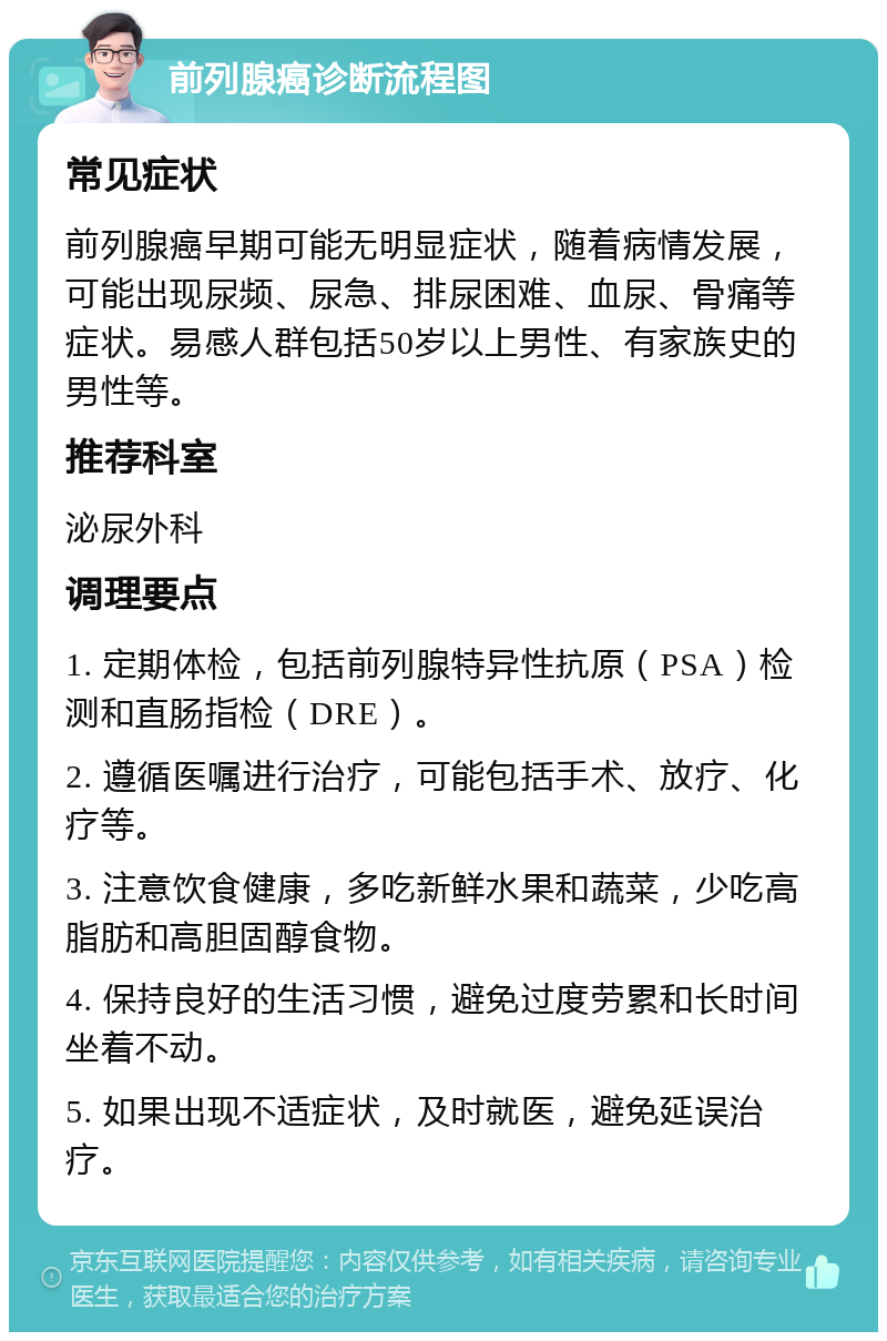 前列腺癌诊断流程图 常见症状 前列腺癌早期可能无明显症状，随着病情发展，可能出现尿频、尿急、排尿困难、血尿、骨痛等症状。易感人群包括50岁以上男性、有家族史的男性等。 推荐科室 泌尿外科 调理要点 1. 定期体检，包括前列腺特异性抗原（PSA）检测和直肠指检（DRE）。 2. 遵循医嘱进行治疗，可能包括手术、放疗、化疗等。 3. 注意饮食健康，多吃新鲜水果和蔬菜，少吃高脂肪和高胆固醇食物。 4. 保持良好的生活习惯，避免过度劳累和长时间坐着不动。 5. 如果出现不适症状，及时就医，避免延误治疗。