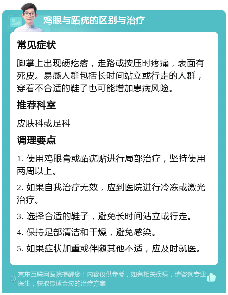 鸡眼与跖疣的区别与治疗 常见症状 脚掌上出现硬疙瘩，走路或按压时疼痛，表面有死皮。易感人群包括长时间站立或行走的人群，穿着不合适的鞋子也可能增加患病风险。 推荐科室 皮肤科或足科 调理要点 1. 使用鸡眼膏或跖疣贴进行局部治疗，坚持使用两周以上。 2. 如果自我治疗无效，应到医院进行冷冻或激光治疗。 3. 选择合适的鞋子，避免长时间站立或行走。 4. 保持足部清洁和干燥，避免感染。 5. 如果症状加重或伴随其他不适，应及时就医。