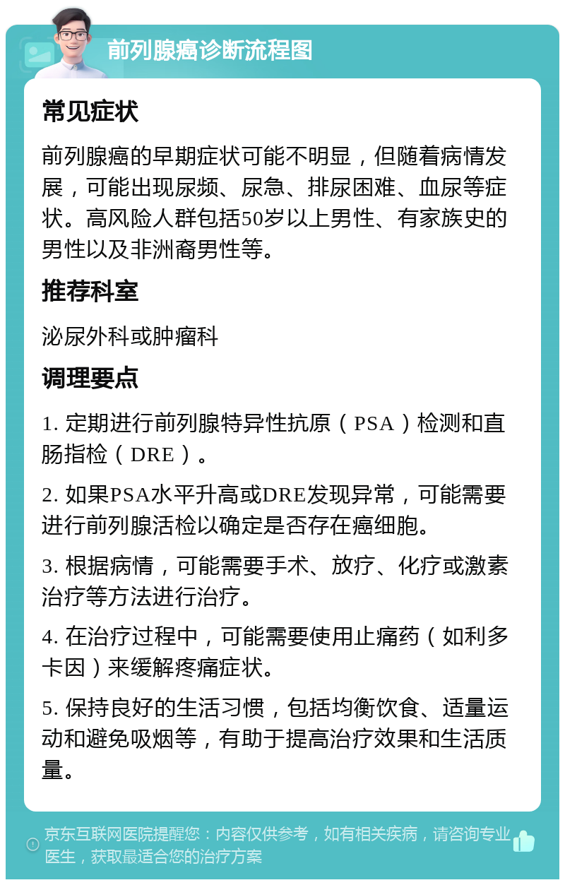 前列腺癌诊断流程图 常见症状 前列腺癌的早期症状可能不明显，但随着病情发展，可能出现尿频、尿急、排尿困难、血尿等症状。高风险人群包括50岁以上男性、有家族史的男性以及非洲裔男性等。 推荐科室 泌尿外科或肿瘤科 调理要点 1. 定期进行前列腺特异性抗原（PSA）检测和直肠指检（DRE）。 2. 如果PSA水平升高或DRE发现异常，可能需要进行前列腺活检以确定是否存在癌细胞。 3. 根据病情，可能需要手术、放疗、化疗或激素治疗等方法进行治疗。 4. 在治疗过程中，可能需要使用止痛药（如利多卡因）来缓解疼痛症状。 5. 保持良好的生活习惯，包括均衡饮食、适量运动和避免吸烟等，有助于提高治疗效果和生活质量。