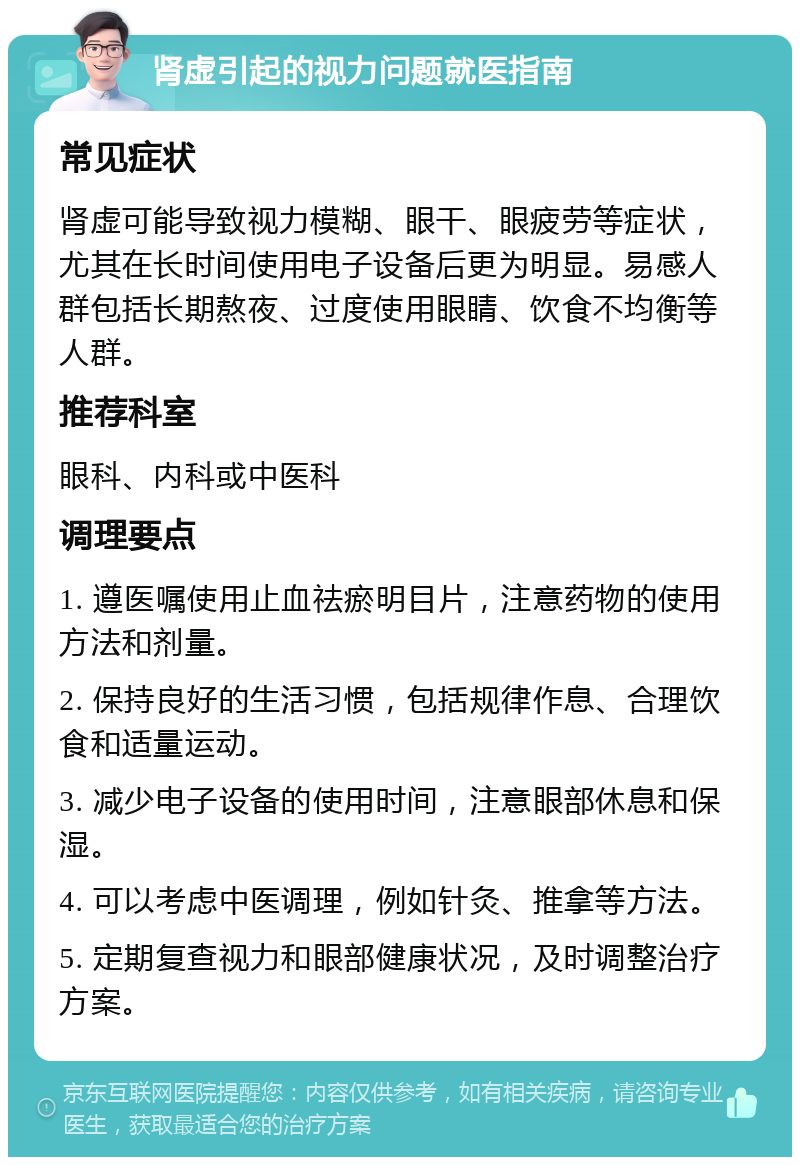 肾虚引起的视力问题就医指南 常见症状 肾虚可能导致视力模糊、眼干、眼疲劳等症状，尤其在长时间使用电子设备后更为明显。易感人群包括长期熬夜、过度使用眼睛、饮食不均衡等人群。 推荐科室 眼科、内科或中医科 调理要点 1. 遵医嘱使用止血祛瘀明目片，注意药物的使用方法和剂量。 2. 保持良好的生活习惯，包括规律作息、合理饮食和适量运动。 3. 减少电子设备的使用时间，注意眼部休息和保湿。 4. 可以考虑中医调理，例如针灸、推拿等方法。 5. 定期复查视力和眼部健康状况，及时调整治疗方案。