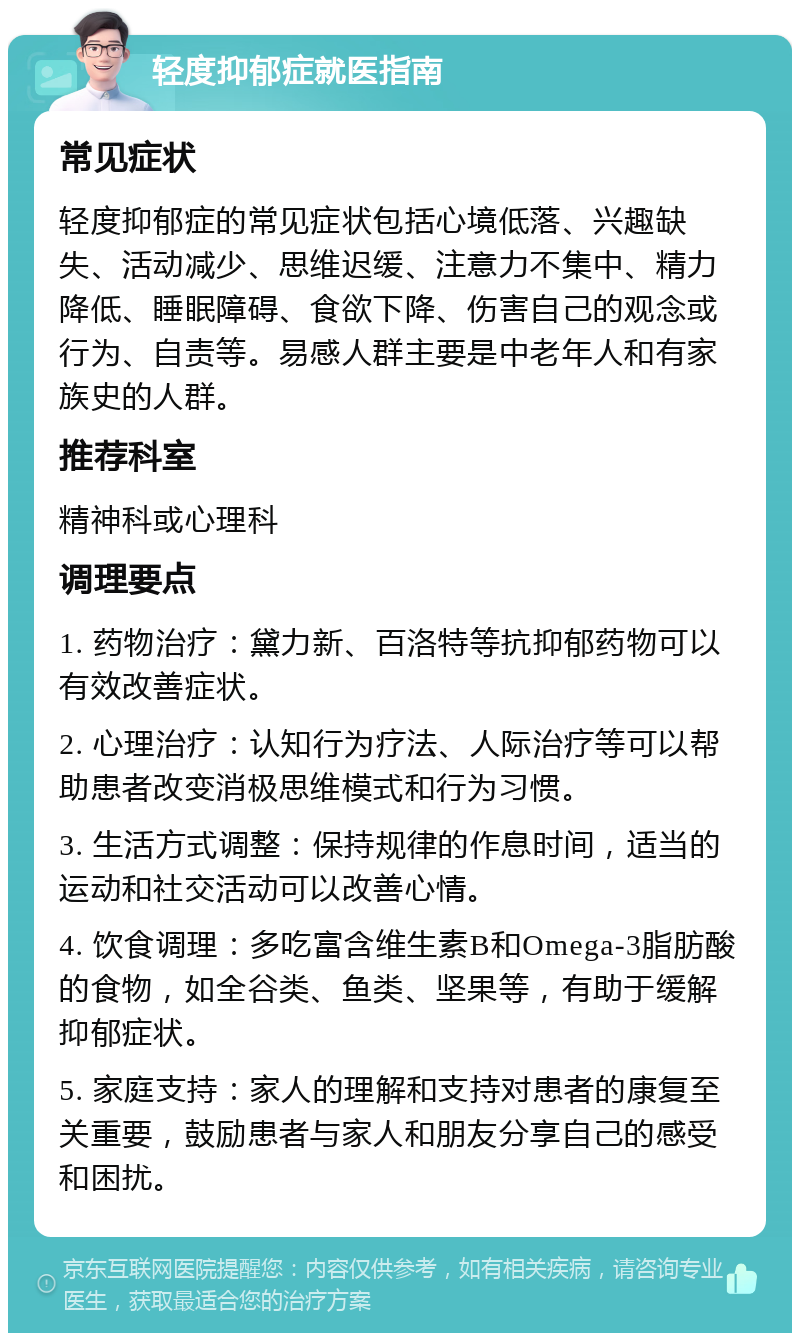 轻度抑郁症就医指南 常见症状 轻度抑郁症的常见症状包括心境低落、兴趣缺失、活动减少、思维迟缓、注意力不集中、精力降低、睡眠障碍、食欲下降、伤害自己的观念或行为、自责等。易感人群主要是中老年人和有家族史的人群。 推荐科室 精神科或心理科 调理要点 1. 药物治疗：黛力新、百洛特等抗抑郁药物可以有效改善症状。 2. 心理治疗：认知行为疗法、人际治疗等可以帮助患者改变消极思维模式和行为习惯。 3. 生活方式调整：保持规律的作息时间，适当的运动和社交活动可以改善心情。 4. 饮食调理：多吃富含维生素B和Omega-3脂肪酸的食物，如全谷类、鱼类、坚果等，有助于缓解抑郁症状。 5. 家庭支持：家人的理解和支持对患者的康复至关重要，鼓励患者与家人和朋友分享自己的感受和困扰。