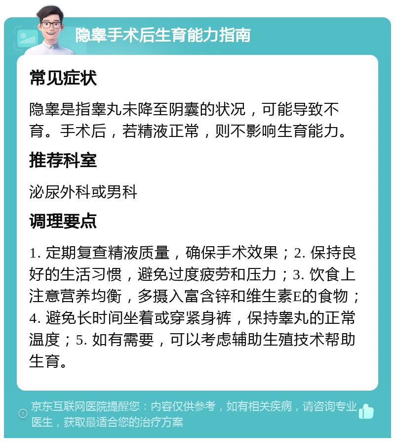 隐睾手术后生育能力指南 常见症状 隐睾是指睾丸未降至阴囊的状况，可能导致不育。手术后，若精液正常，则不影响生育能力。 推荐科室 泌尿外科或男科 调理要点 1. 定期复查精液质量，确保手术效果；2. 保持良好的生活习惯，避免过度疲劳和压力；3. 饮食上注意营养均衡，多摄入富含锌和维生素E的食物；4. 避免长时间坐着或穿紧身裤，保持睾丸的正常温度；5. 如有需要，可以考虑辅助生殖技术帮助生育。