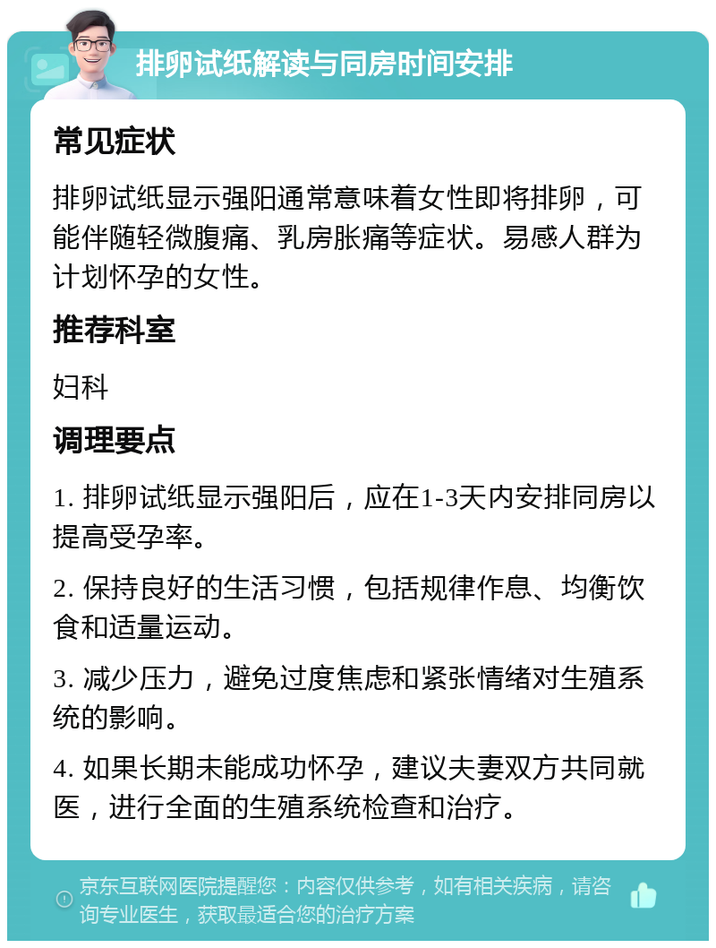 排卵试纸解读与同房时间安排 常见症状 排卵试纸显示强阳通常意味着女性即将排卵，可能伴随轻微腹痛、乳房胀痛等症状。易感人群为计划怀孕的女性。 推荐科室 妇科 调理要点 1. 排卵试纸显示强阳后，应在1-3天内安排同房以提高受孕率。 2. 保持良好的生活习惯，包括规律作息、均衡饮食和适量运动。 3. 减少压力，避免过度焦虑和紧张情绪对生殖系统的影响。 4. 如果长期未能成功怀孕，建议夫妻双方共同就医，进行全面的生殖系统检查和治疗。