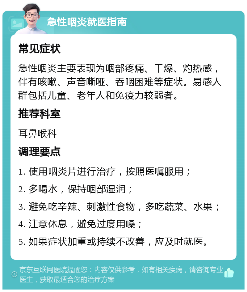 急性咽炎就医指南 常见症状 急性咽炎主要表现为咽部疼痛、干燥、灼热感，伴有咳嗽、声音嘶哑、吞咽困难等症状。易感人群包括儿童、老年人和免疫力较弱者。 推荐科室 耳鼻喉科 调理要点 1. 使用咽炎片进行治疗，按照医嘱服用； 2. 多喝水，保持咽部湿润； 3. 避免吃辛辣、刺激性食物，多吃蔬菜、水果； 4. 注意休息，避免过度用嗓； 5. 如果症状加重或持续不改善，应及时就医。