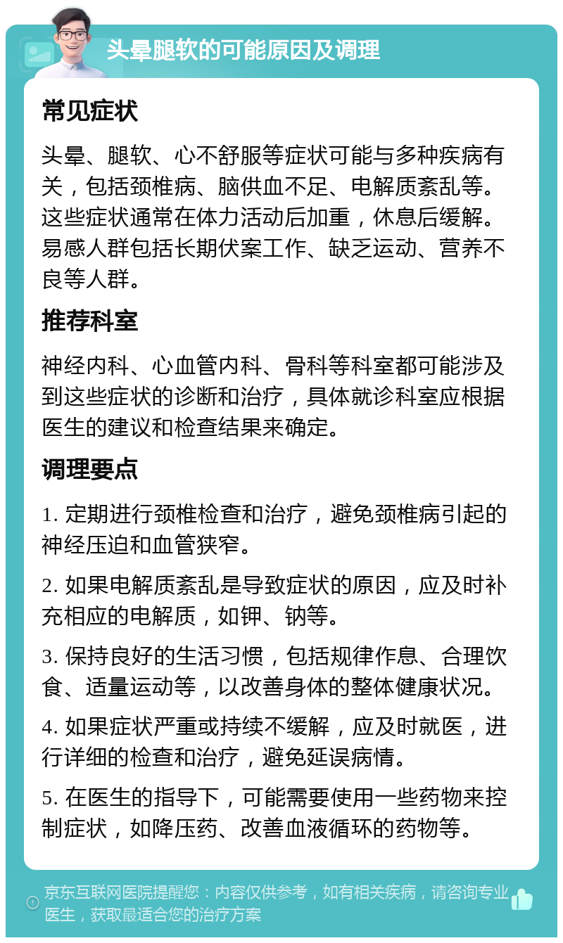 头晕腿软的可能原因及调理 常见症状 头晕、腿软、心不舒服等症状可能与多种疾病有关，包括颈椎病、脑供血不足、电解质紊乱等。这些症状通常在体力活动后加重，休息后缓解。易感人群包括长期伏案工作、缺乏运动、营养不良等人群。 推荐科室 神经内科、心血管内科、骨科等科室都可能涉及到这些症状的诊断和治疗，具体就诊科室应根据医生的建议和检查结果来确定。 调理要点 1. 定期进行颈椎检查和治疗，避免颈椎病引起的神经压迫和血管狭窄。 2. 如果电解质紊乱是导致症状的原因，应及时补充相应的电解质，如钾、钠等。 3. 保持良好的生活习惯，包括规律作息、合理饮食、适量运动等，以改善身体的整体健康状况。 4. 如果症状严重或持续不缓解，应及时就医，进行详细的检查和治疗，避免延误病情。 5. 在医生的指导下，可能需要使用一些药物来控制症状，如降压药、改善血液循环的药物等。