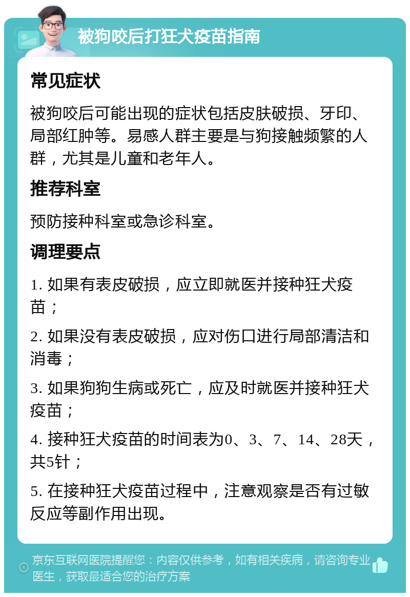 被狗咬后打狂犬疫苗指南 常见症状 被狗咬后可能出现的症状包括皮肤破损、牙印、局部红肿等。易感人群主要是与狗接触频繁的人群，尤其是儿童和老年人。 推荐科室 预防接种科室或急诊科室。 调理要点 1. 如果有表皮破损，应立即就医并接种狂犬疫苗； 2. 如果没有表皮破损，应对伤口进行局部清洁和消毒； 3. 如果狗狗生病或死亡，应及时就医并接种狂犬疫苗； 4. 接种狂犬疫苗的时间表为0、3、7、14、28天，共5针； 5. 在接种狂犬疫苗过程中，注意观察是否有过敏反应等副作用出现。