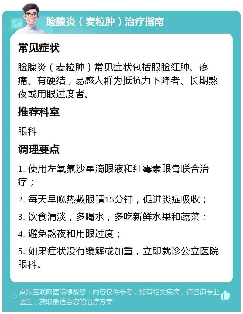 睑腺炎（麦粒肿）治疗指南 常见症状 睑腺炎（麦粒肿）常见症状包括眼睑红肿、疼痛、有硬结，易感人群为抵抗力下降者、长期熬夜或用眼过度者。 推荐科室 眼科 调理要点 1. 使用左氧氟沙星滴眼液和红霉素眼膏联合治疗； 2. 每天早晚热敷眼睛15分钟，促进炎症吸收； 3. 饮食清淡，多喝水，多吃新鲜水果和蔬菜； 4. 避免熬夜和用眼过度； 5. 如果症状没有缓解或加重，立即就诊公立医院眼科。