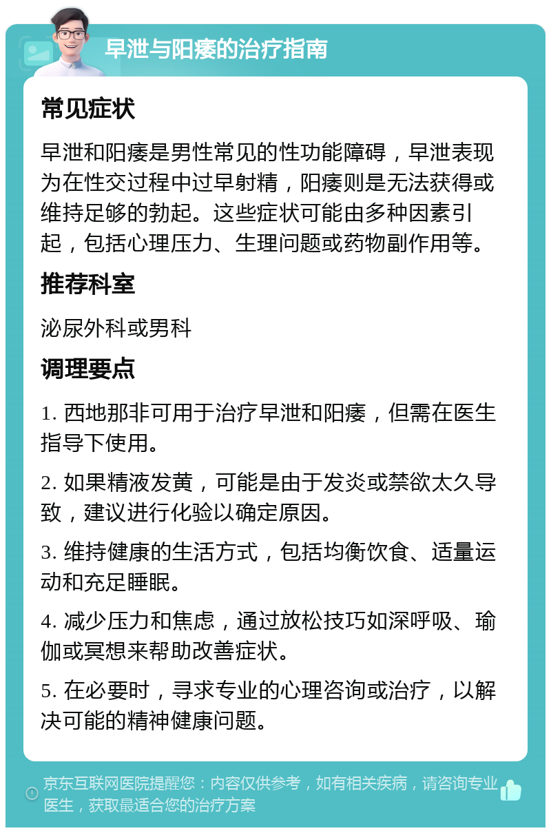 早泄与阳痿的治疗指南 常见症状 早泄和阳痿是男性常见的性功能障碍，早泄表现为在性交过程中过早射精，阳痿则是无法获得或维持足够的勃起。这些症状可能由多种因素引起，包括心理压力、生理问题或药物副作用等。 推荐科室 泌尿外科或男科 调理要点 1. 西地那非可用于治疗早泄和阳痿，但需在医生指导下使用。 2. 如果精液发黄，可能是由于发炎或禁欲太久导致，建议进行化验以确定原因。 3. 维持健康的生活方式，包括均衡饮食、适量运动和充足睡眠。 4. 减少压力和焦虑，通过放松技巧如深呼吸、瑜伽或冥想来帮助改善症状。 5. 在必要时，寻求专业的心理咨询或治疗，以解决可能的精神健康问题。