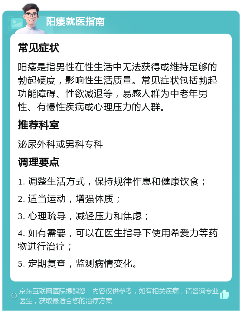 阳痿就医指南 常见症状 阳痿是指男性在性生活中无法获得或维持足够的勃起硬度，影响性生活质量。常见症状包括勃起功能障碍、性欲减退等，易感人群为中老年男性、有慢性疾病或心理压力的人群。 推荐科室 泌尿外科或男科专科 调理要点 1. 调整生活方式，保持规律作息和健康饮食； 2. 适当运动，增强体质； 3. 心理疏导，减轻压力和焦虑； 4. 如有需要，可以在医生指导下使用希爱力等药物进行治疗； 5. 定期复查，监测病情变化。