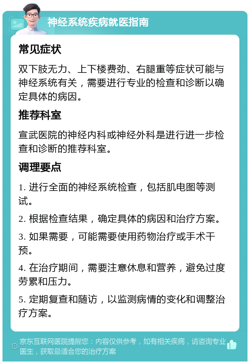 神经系统疾病就医指南 常见症状 双下肢无力、上下楼费劲、右腿重等症状可能与神经系统有关，需要进行专业的检查和诊断以确定具体的病因。 推荐科室 宣武医院的神经内科或神经外科是进行进一步检查和诊断的推荐科室。 调理要点 1. 进行全面的神经系统检查，包括肌电图等测试。 2. 根据检查结果，确定具体的病因和治疗方案。 3. 如果需要，可能需要使用药物治疗或手术干预。 4. 在治疗期间，需要注意休息和营养，避免过度劳累和压力。 5. 定期复查和随访，以监测病情的变化和调整治疗方案。